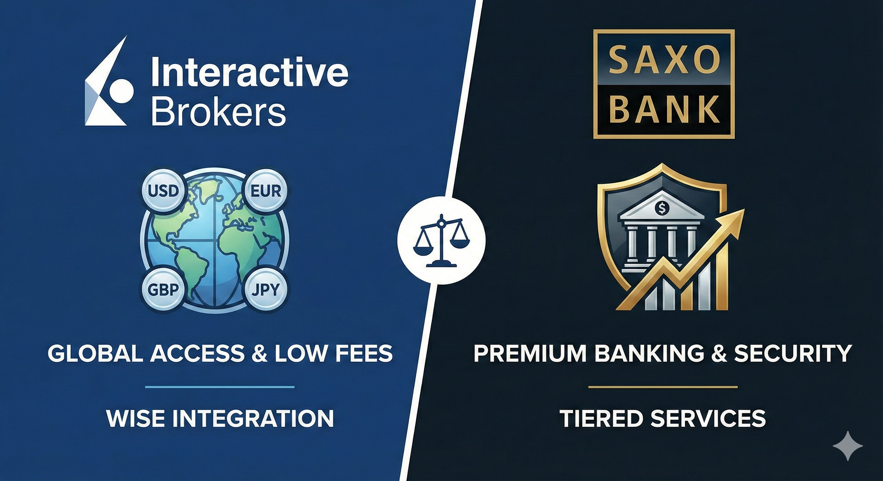 Infographic comparison chart of Interactive Brokers vs Saxo Bank features, showing global access and security.
